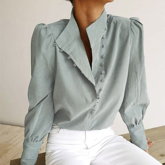 Elegant Turtleneck Blouse Long Sleeve White Shirt Office Ladies Top Casual Solid Single-Breasted Puff Sleeve Womens Blouses