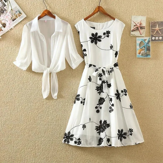 White Chiffon Polo-Neck Shirt Women'S Dress Sets Floral Vintage O-Neck Sleeveless Knee-Length Dresses for Women Two Piece Set