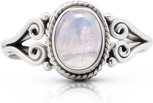 Oval Moonstone - 925 Sterling Silver Ring - Delicate BOHO Chic Jewelry - Fashionable and Stylish for Girls and Women with Velvet Gift Bag/Box - Made by Indian Artisans - Size 5-9