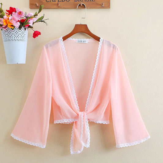 Front Tie Knot Chiffon Blouse Women 2022 Summer Loose Casual Blouse Chiffon Shirts Women Cardigan Elegant Beach Blouse Women