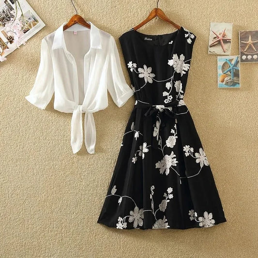 White Chiffon Polo-Neck Shirt Women'S Dress Sets Floral Vintage O-Neck Sleeveless Knee-Length Dresses for Women Two Piece Set