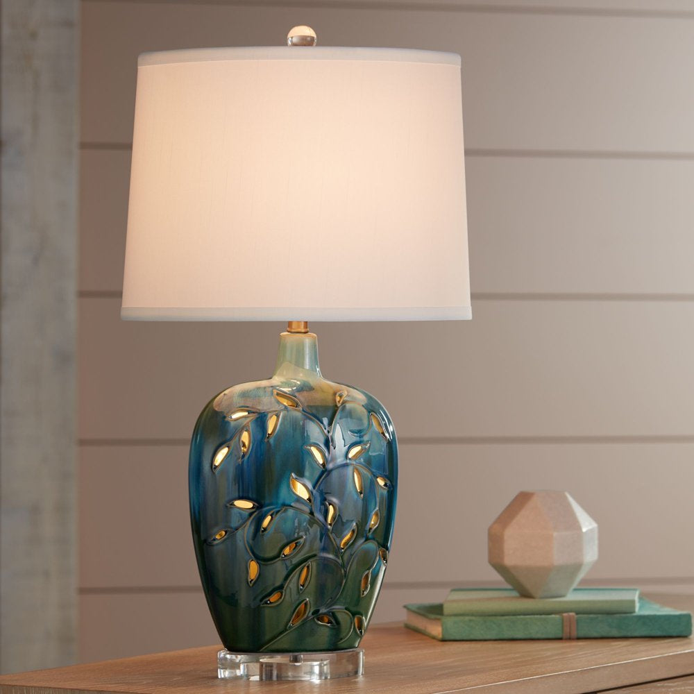 Devan Modern Table Lamp 24 1/2" High Blue Ceramic with LED Nightligh White Oval Shade for Bedroom Living Room Bedside Nightstand Office